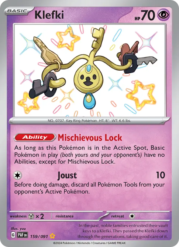 Klefki Shiny rare Pokemon card #159 from Paldean Fates