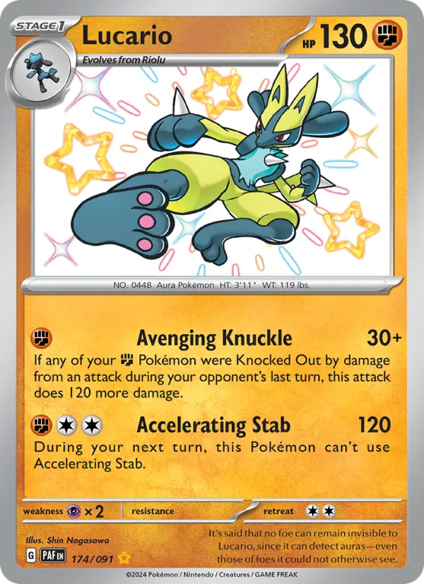 Lucario Shiny rare Pokemon card #174 from Paldean Fates