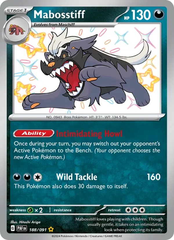 Mabosstiff Shiny rare Pokemon card #188 from Paldean Fates