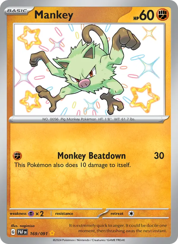 Mankey Shiny rare Pokemon card #169 from Paldean Fates