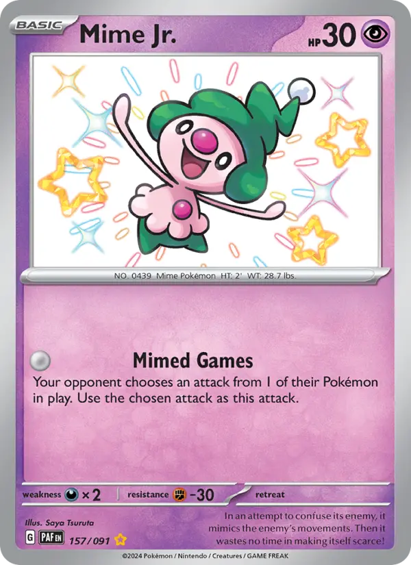 Mime Jr. Shiny rare Pokemon card #157 from Paldean Fates