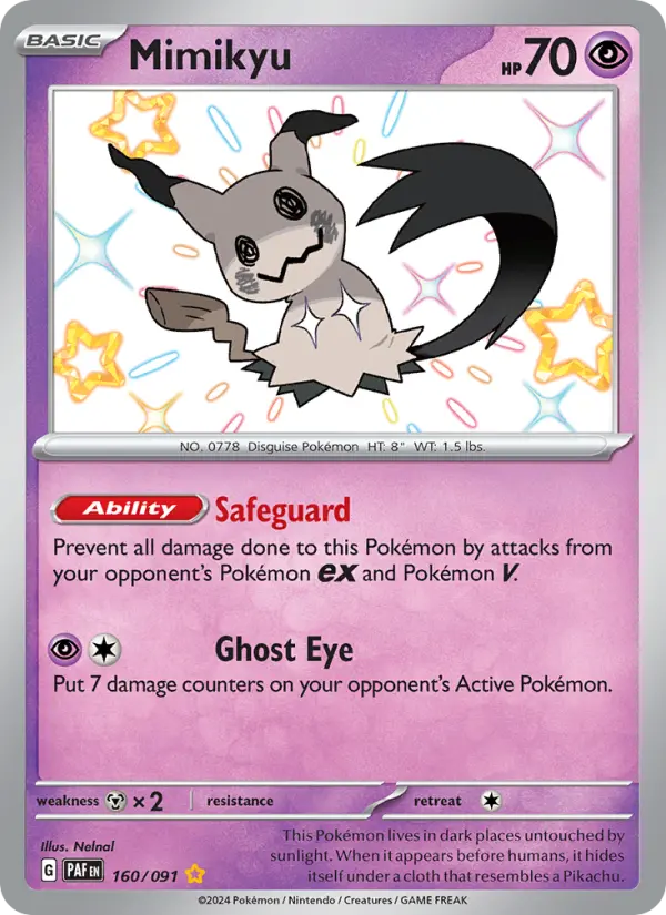 Mimikyu Shiny rare Pokemon card #160 from Paldean Fates