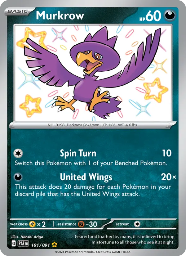 Murkrow Shiny rare Pokemon card #181 from Paldean Fates