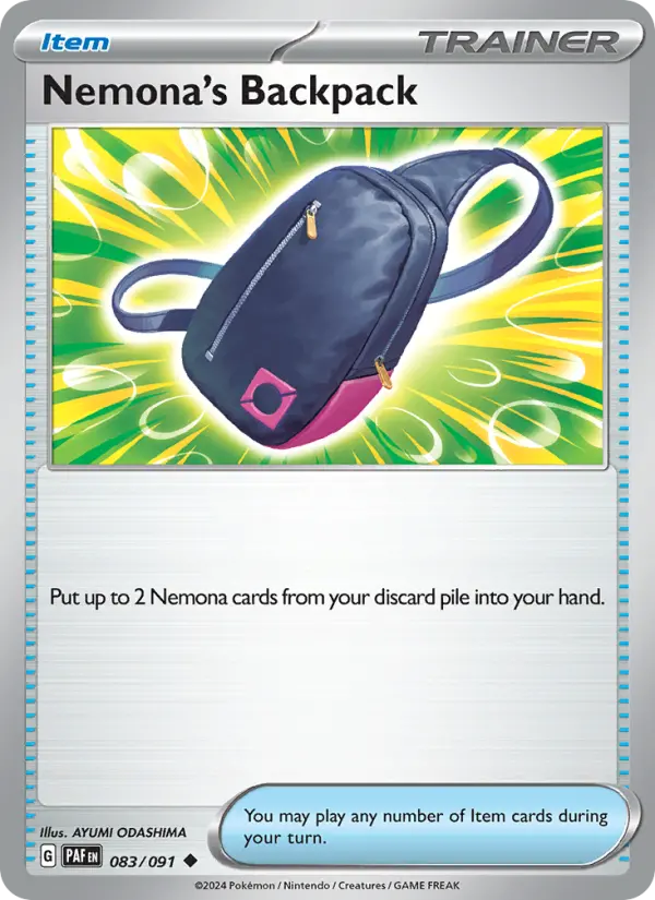 Nemona's Backpack Uncommon Pokemon card #083 from Paldean Fates