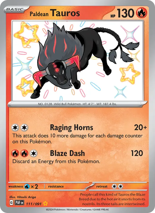 Paldean Tauros Shiny rare Pokemon card #111 from Paldean Fates