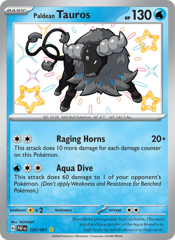 Paldean Tauros Shiny rare Pokemon card #120 from Paldean Fates