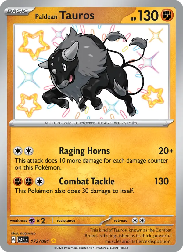 Paldean Tauros Shiny rare Pokemon card #172 from Paldean Fates