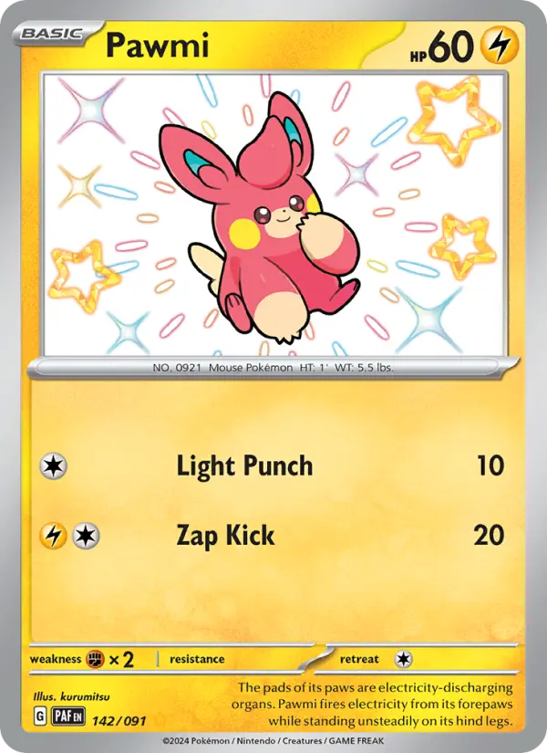 Pawmi Shiny rare Pokemon card #142 from Paldean Fates
