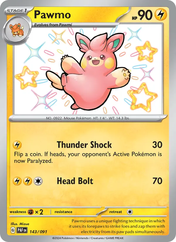 Pawmo Shiny rare Pokemon card #143 from Paldean Fates