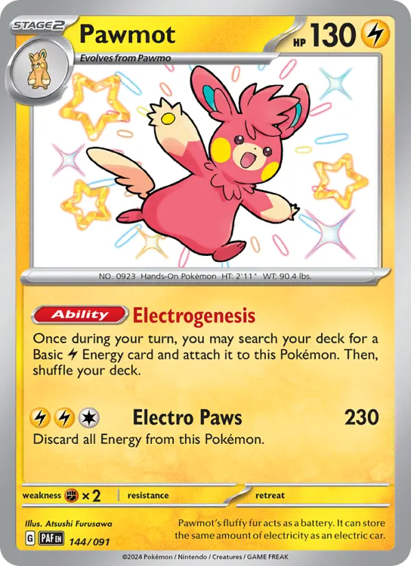 Pawmot Shiny rare Pokemon card #144 from Paldean Fates