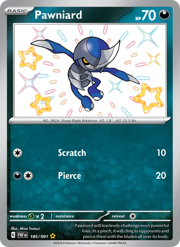 Pawniard Shiny rare Pokemon card #185 from Paldean Fates