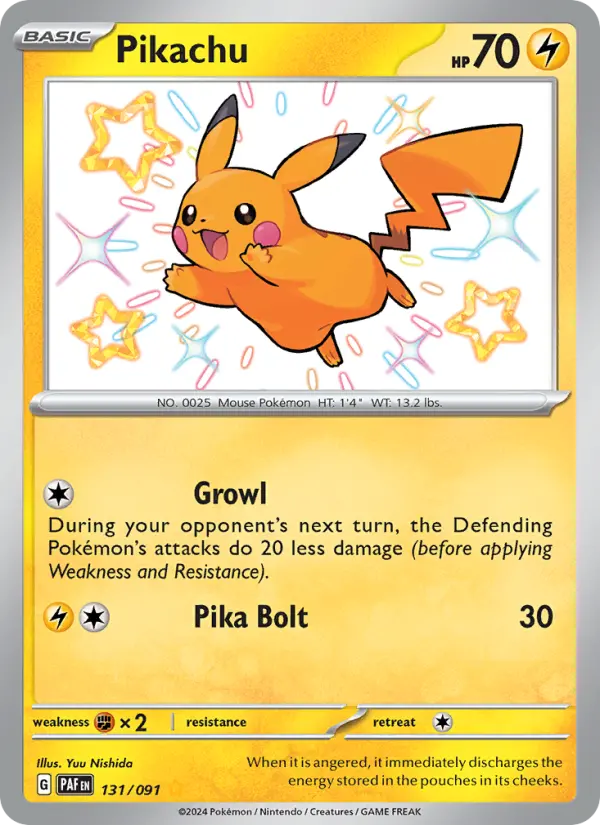 Pikachu Shiny rare Pokemon card #131 from Paldean Fates