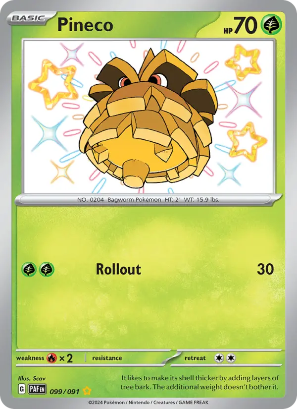 Pineco Shiny rare Pokemon card #099 from Paldean Fates