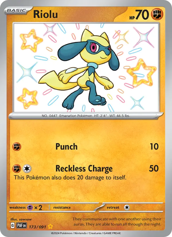 Riolu Shiny rare Pokemon card #173 from Paldean Fates
