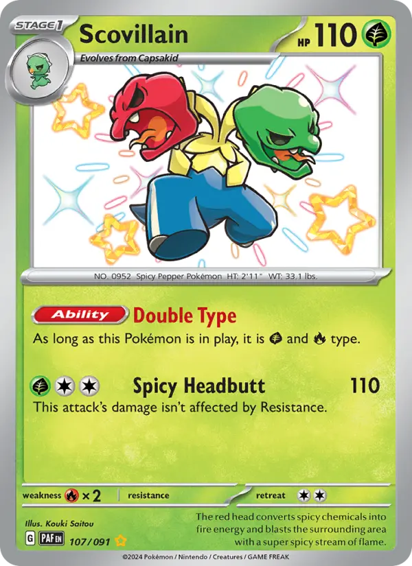 Scovillain Shiny rare Pokemon card #107 from Paldean Fates