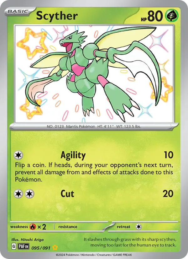 Scyther Shiny rare Pokemon card #095 from Paldean Fates