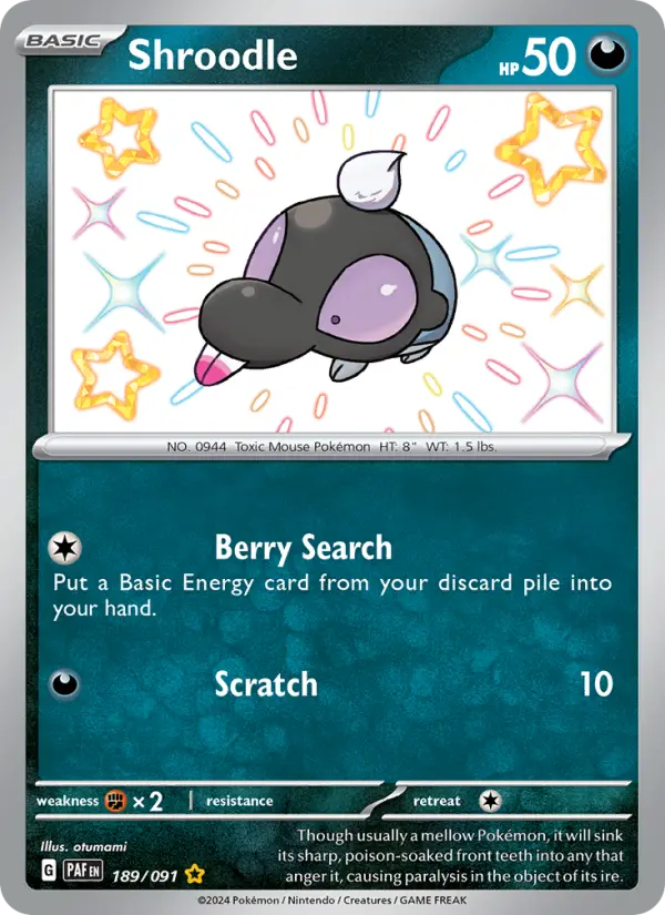 Shroodle Shiny rare Pokemon card #189 from Paldean Fates