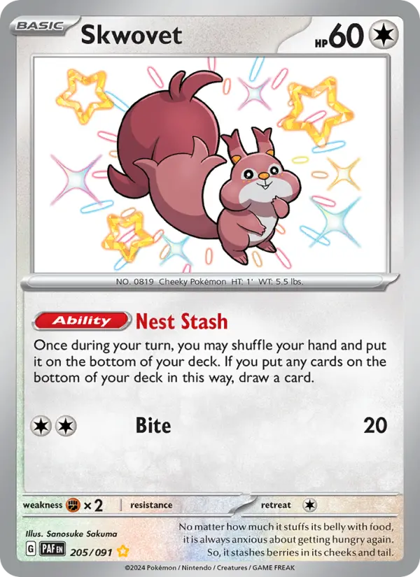 Skwovet Shiny rare Pokemon card #205 from Paldean Fates