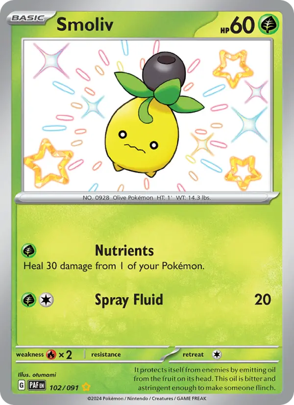 Smoliv Shiny rare Pokemon card #102 from Paldean Fates