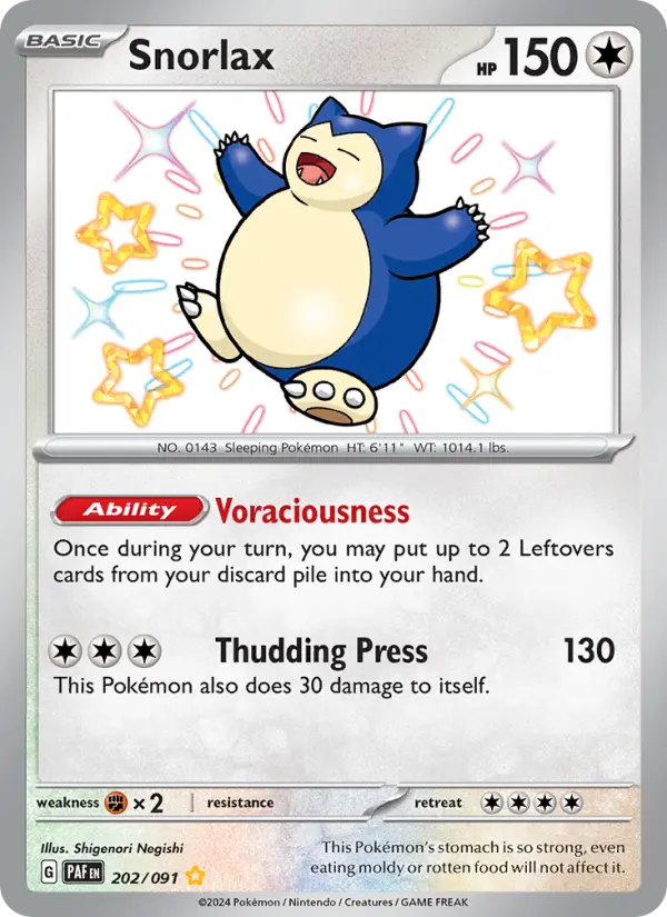 Snorlax Shiny rare Pokemon card #202 from Paldean Fates