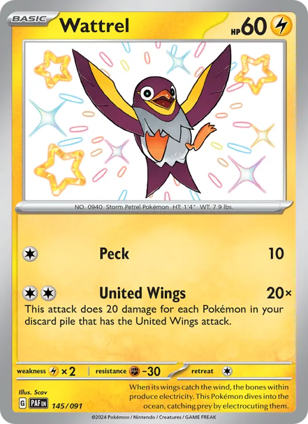Wattrel Shiny rare Pokemon card #145 from Paldean Fates