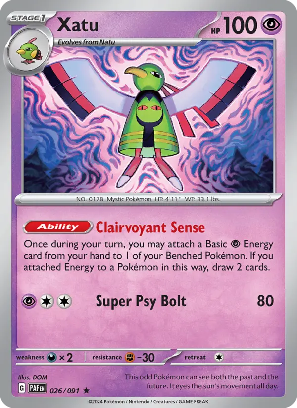 Xatu Rare Pokemon card #026 from Paldean Fates