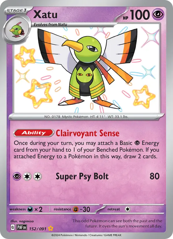 Xatu Shiny rare Pokemon card #152 from Paldean Fates