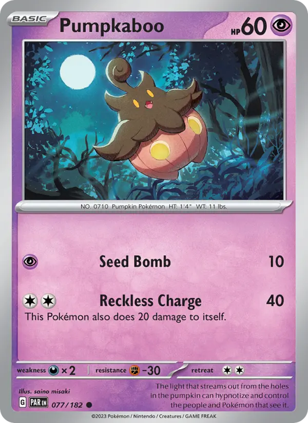 Pumpkaboo Common Pokemon card #077 from Paradox Rift