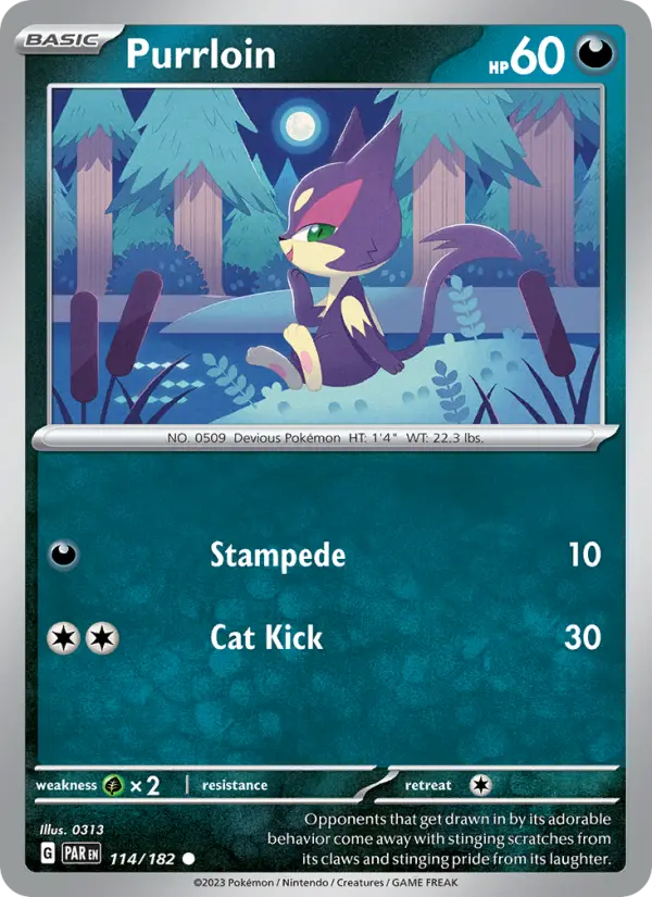 Purrloin Common Pokemon card #114 from Paradox Rift