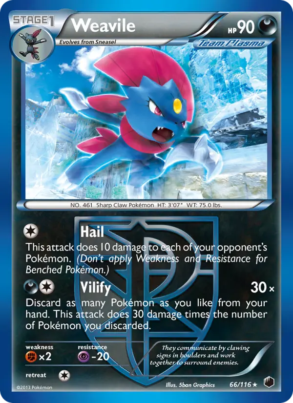 Weavile Rare Pokemon card #66 from Plasma Freeze
