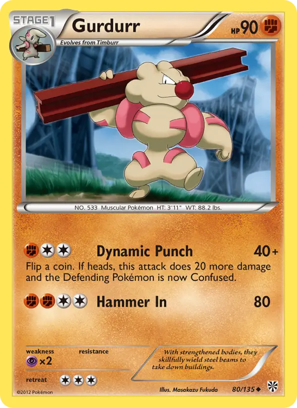 Gurdurr Uncommon Pokemon card #80 from Plasma Storm