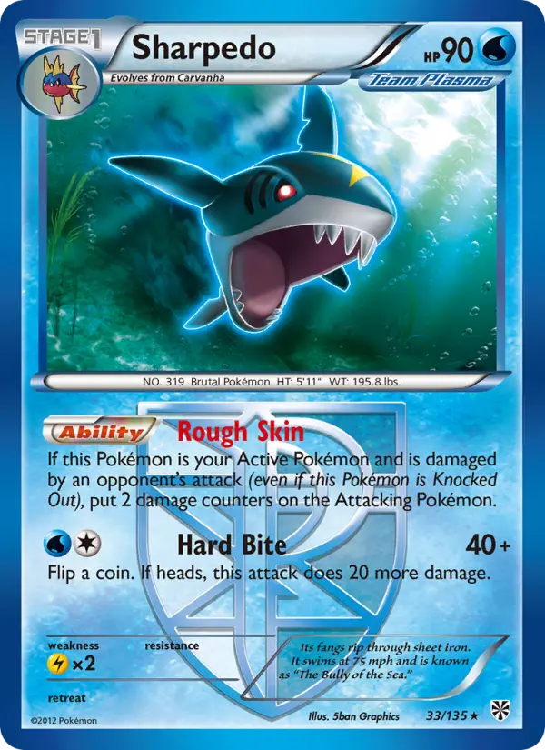 Sharpedo Rare Pokemon card #33 from Plasma Storm