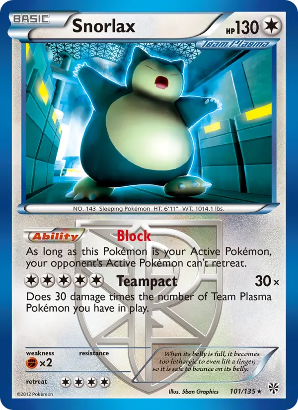 Snorlax Rare Pokemon card #101 from Plasma Storm