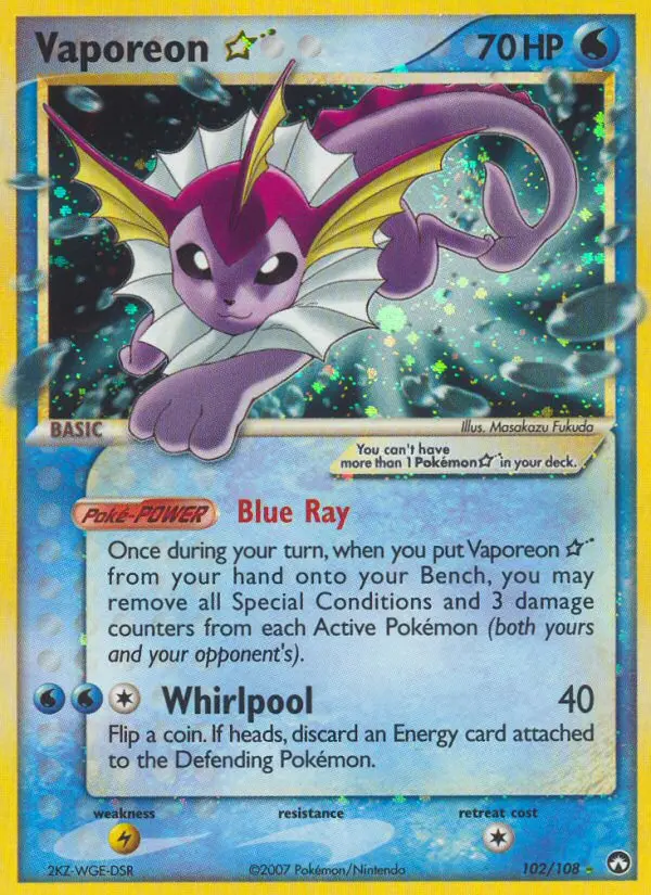 Vaporeon Star Rare Pokemon card #102 from Power Keepers
