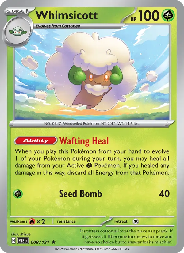 Whimsicott Rare Pokemon card #008 from Prismatic Evolutions