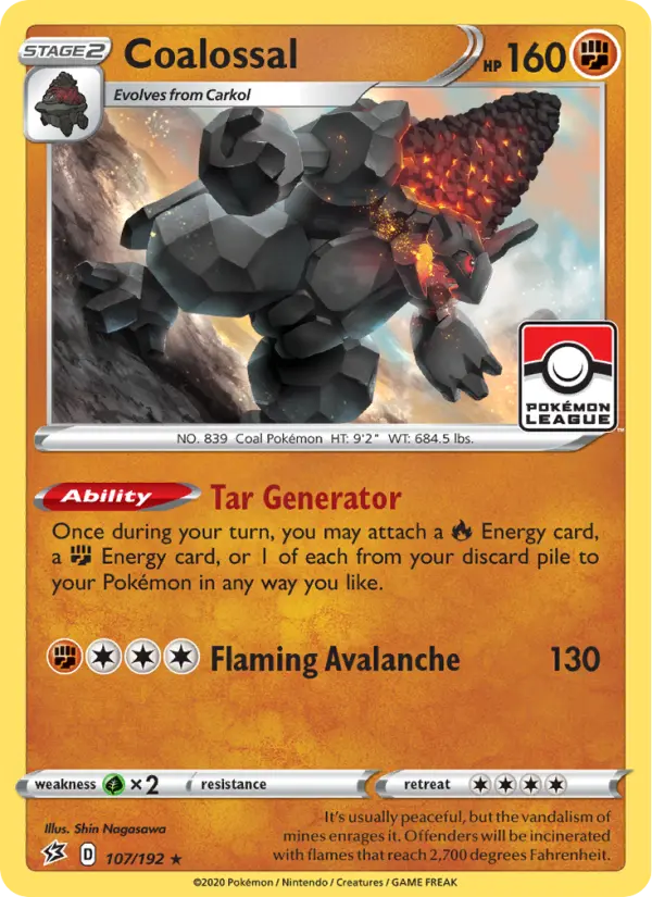 Coalossal Holo Rare Pokemon card #107 from Rebel Clash