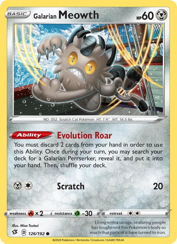 Galarian Meowth Common Pokemon card #126 from Rebel Clash