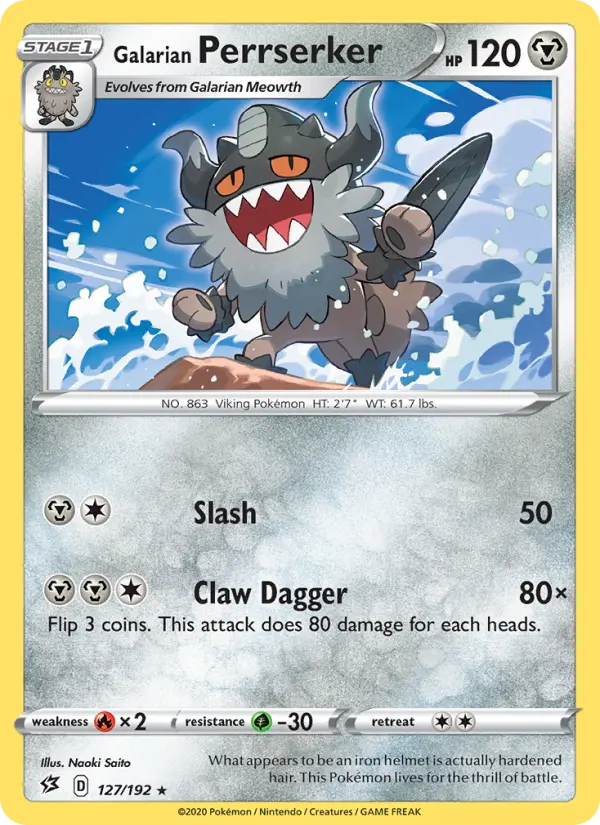 Galarian Perrserker Rare Pokemon card #127 from Rebel Clash