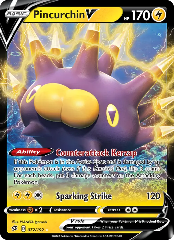 Pincurchin V Holo Rare V Pokemon card #72 from Rebel Clash