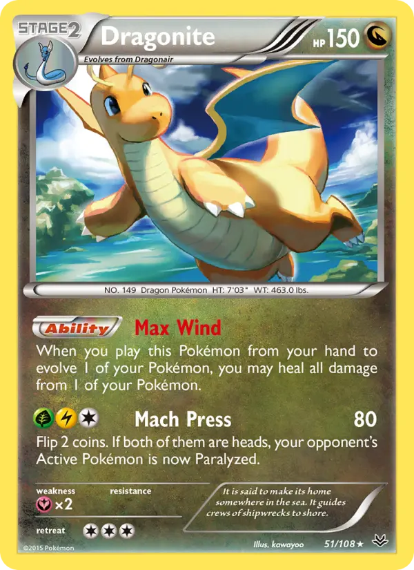 Dragonite Rare Pokemon card #51 from Roaring Skies