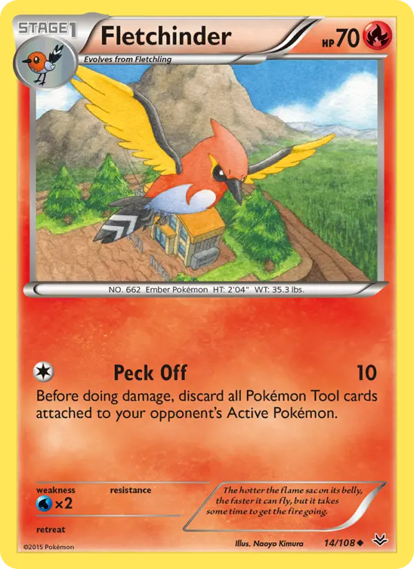 Fletchinder Uncommon Pokemon card #14 from Roaring Skies