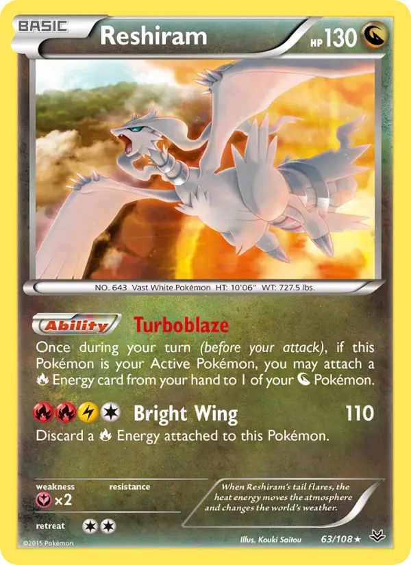 Reshiram Rare Pokemon card #63 from Roaring Skies