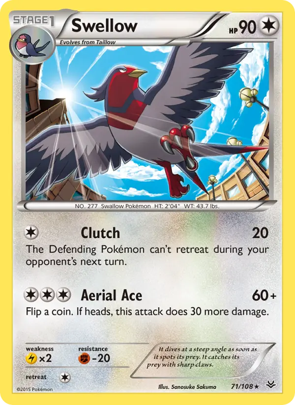Swellow Rare Pokemon card #71 from Roaring Skies