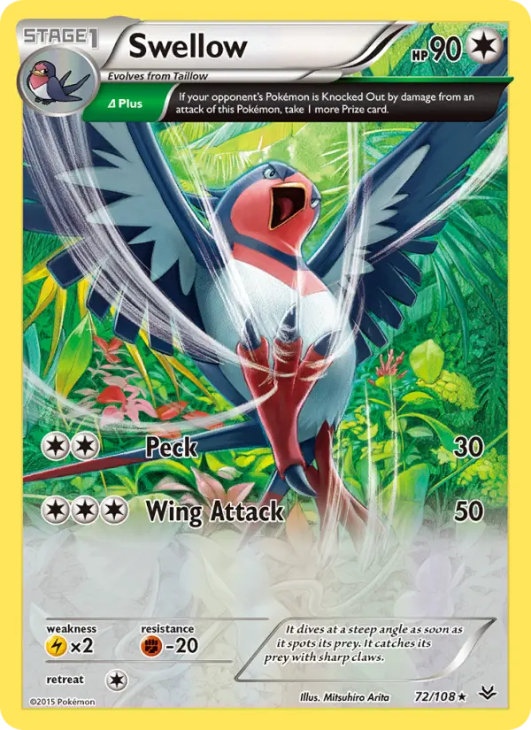 Swellow Rare Pokemon card #72 from Roaring Skies