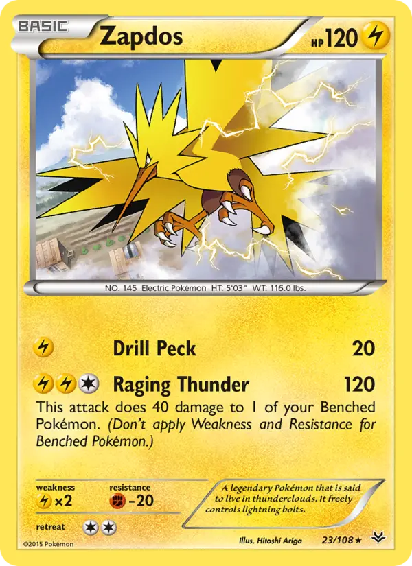 Zapdos Rare Pokemon card #23 from Roaring Skies