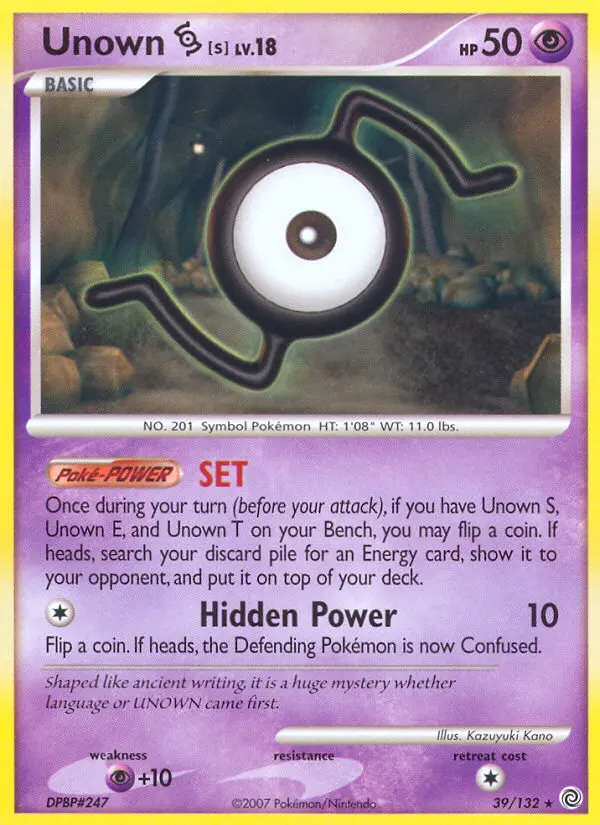 Unown S Rare Pokemon card #39 from Secret Wonders