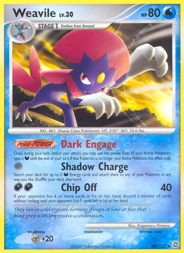 Weavile Rare Pokemon card #40 from Secret Wonders