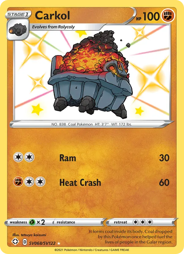 Carkol Shiny rare Pokemon card #SV068 from Shining Fates
