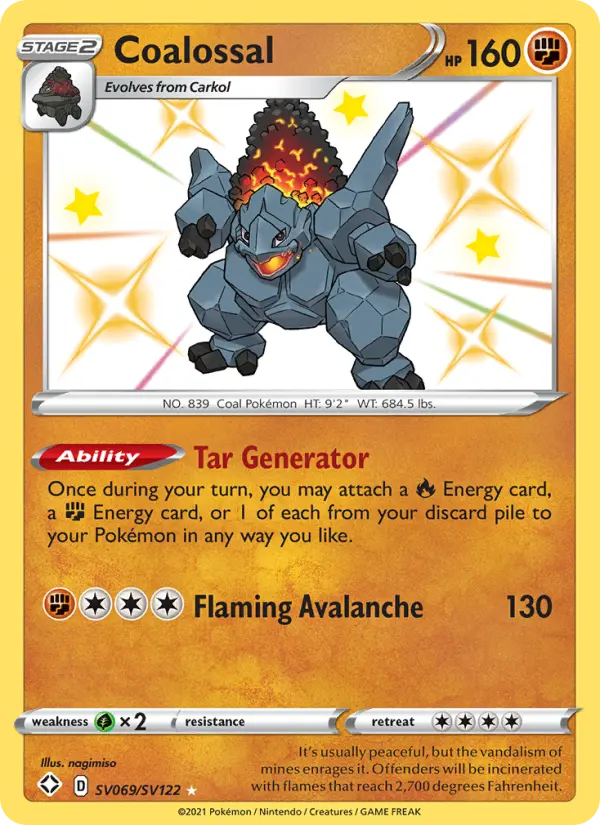 Coalossal Shiny rare Pokemon card #SV069 from Shining Fates