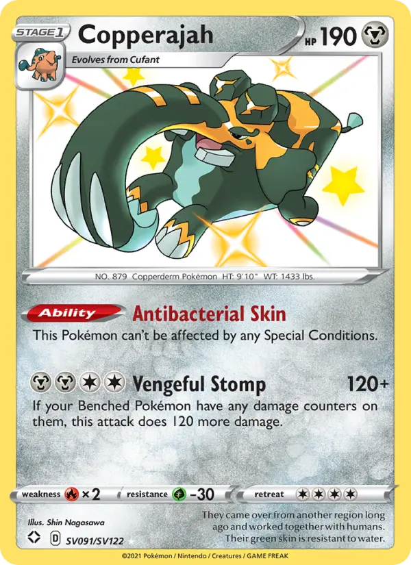 Copperajah Shiny rare Pokemon card #SV091 from Shining Fates